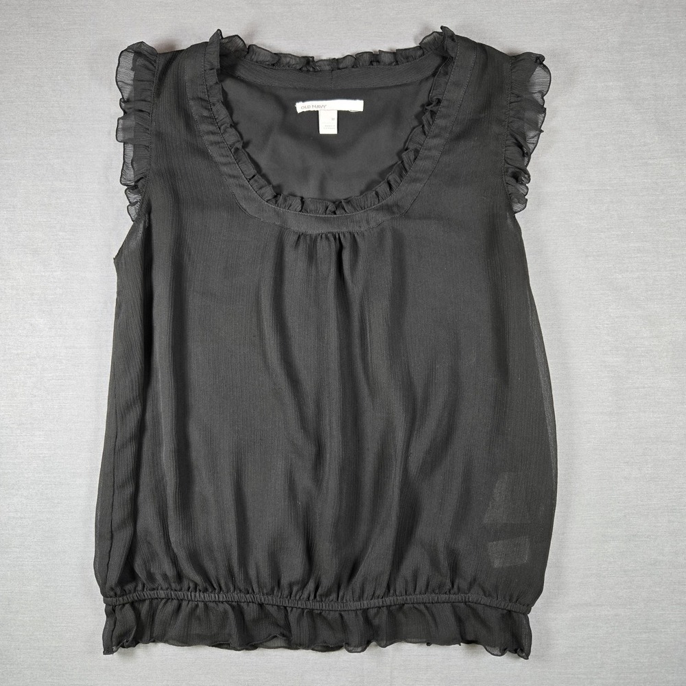Old Navy Black Chiffon Ruffle Shell Blouse Medium Romantic Whimsigoth Boho Twee